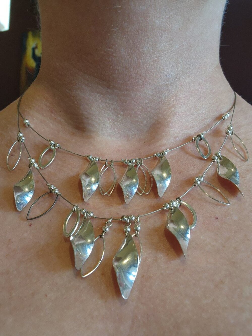 Double Layer Silver Spiral and Marquis Drop Statement Dressy Necklace